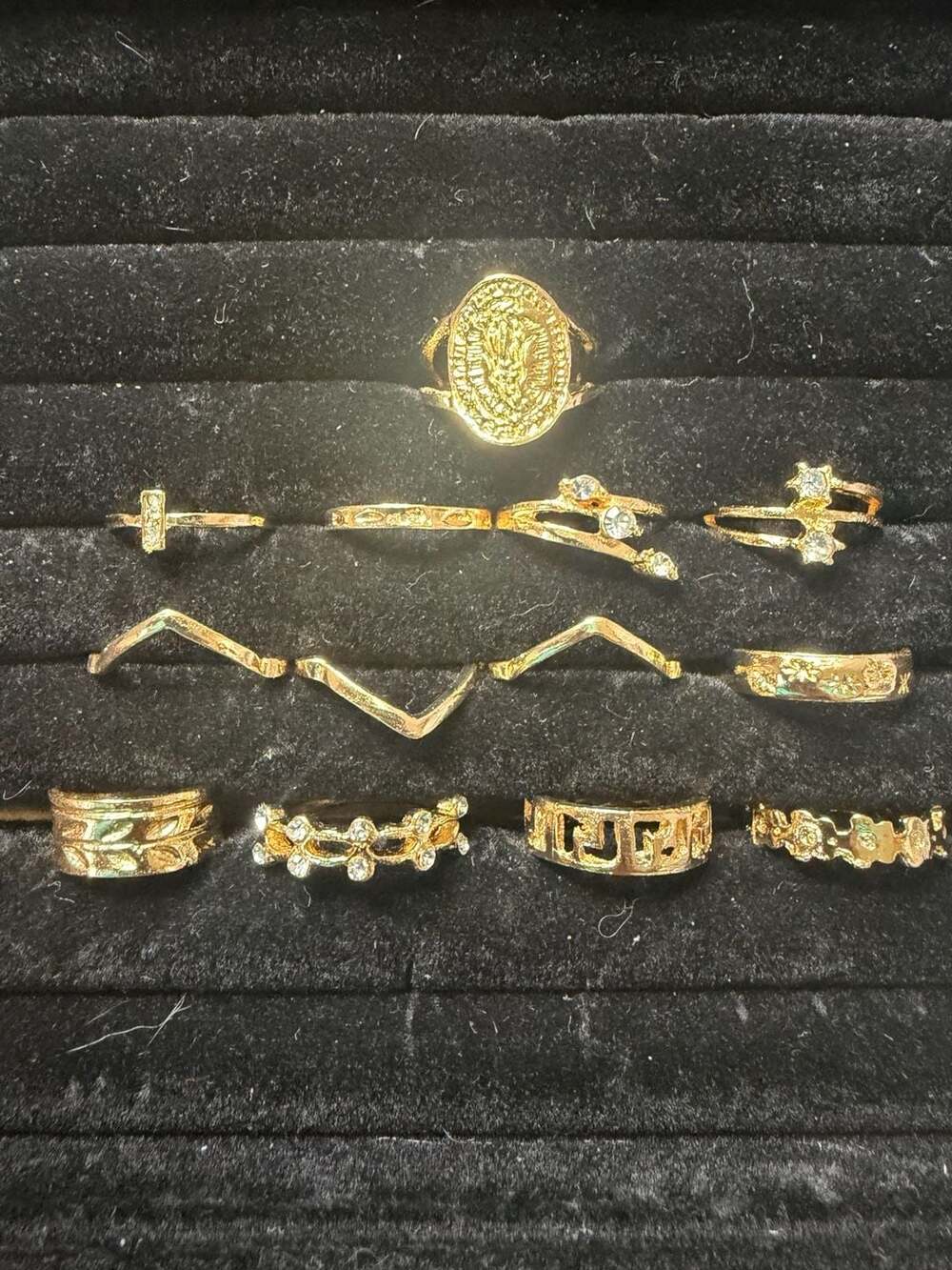 Gold-Plated Minimalist Geometric and Rhinestone Open Ring Set of 12 stacking set